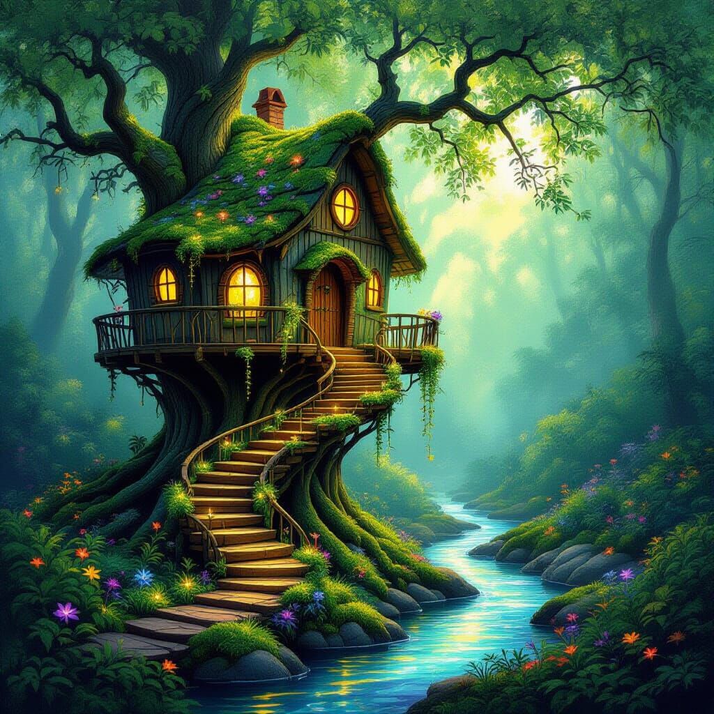 Whimsical Treehouse in Ancient Forest, Impressionistic Style