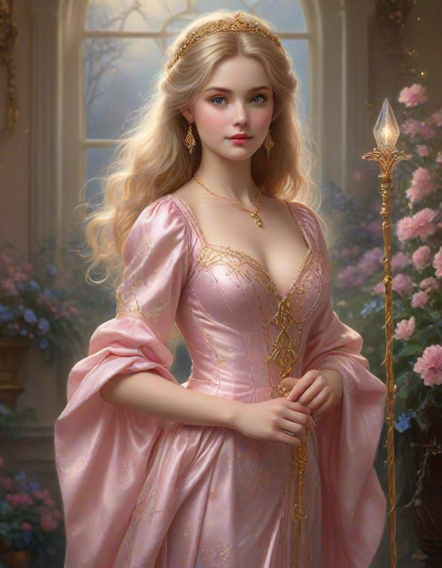 Ethereal Fantasy Woman in Soft Pink Dress with Golden Hair
