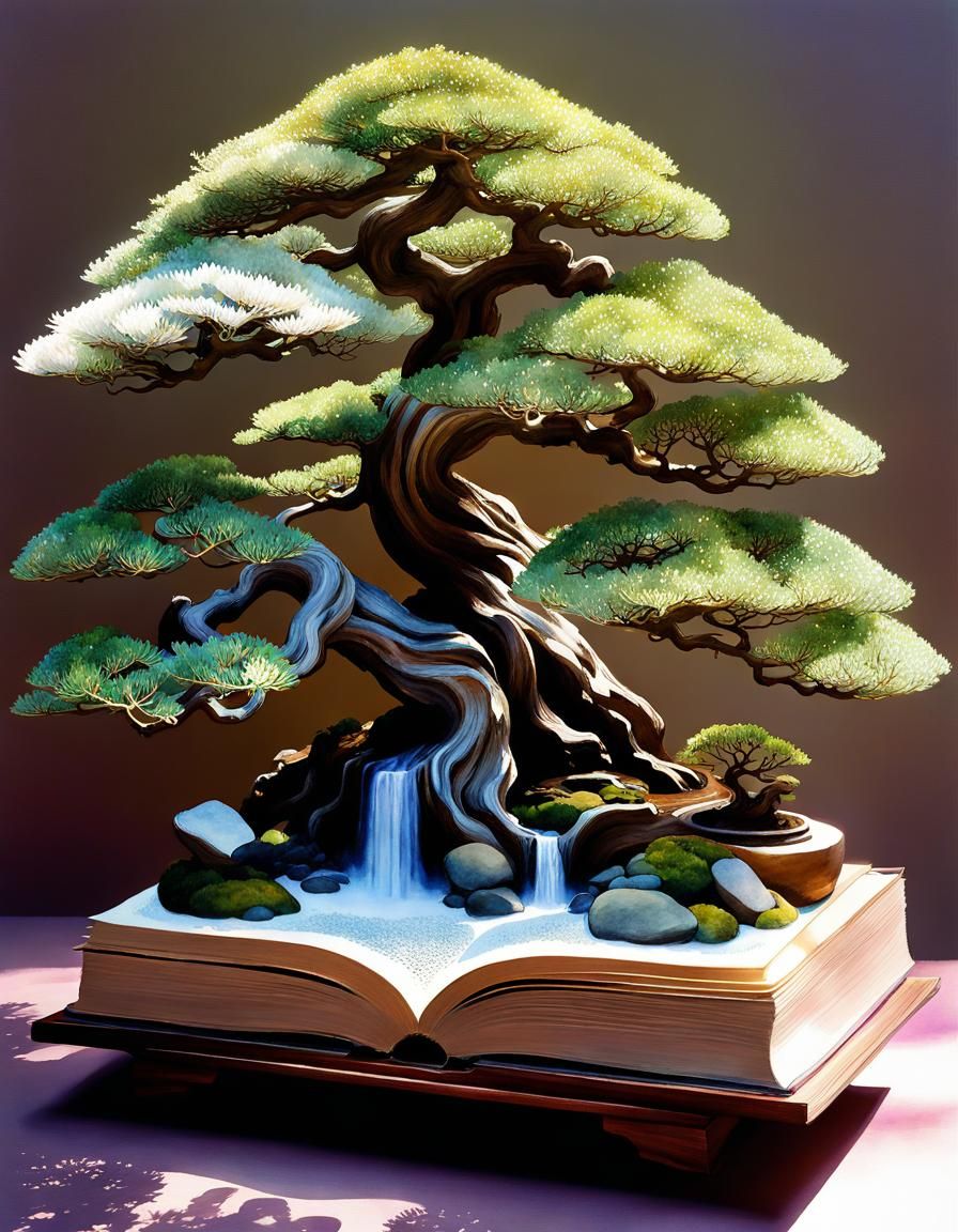 Zen Bonsai Tree with Magical Books, Watercolor Art