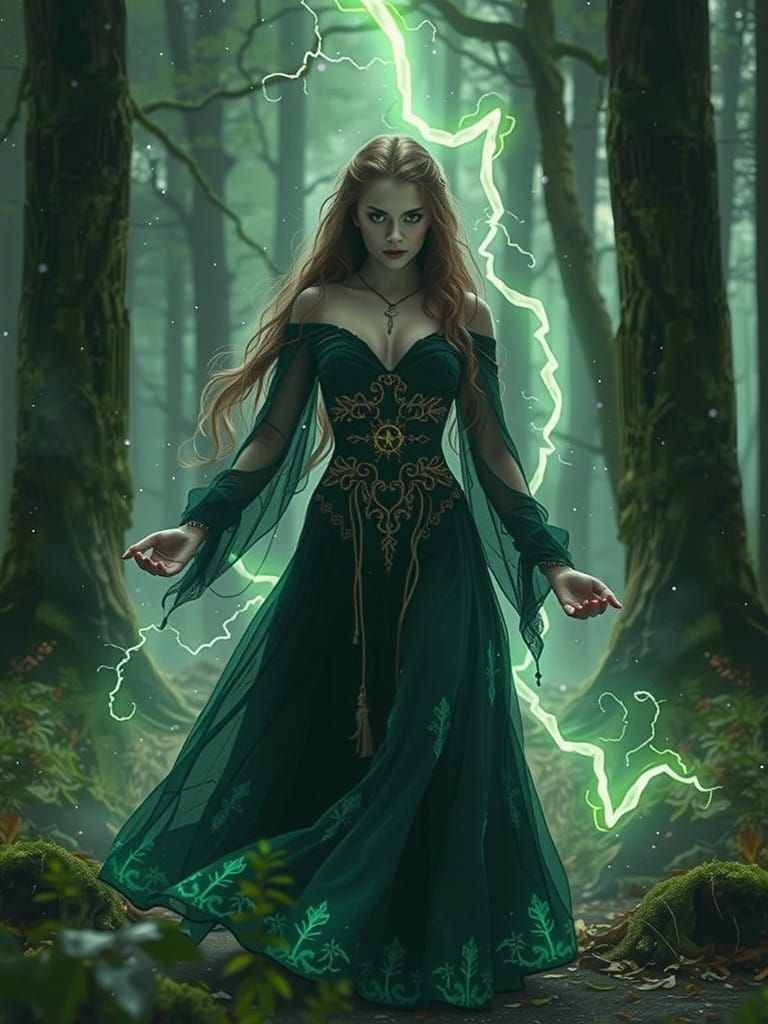 Sorceress of Emerald Enchantment in Mystical Forest