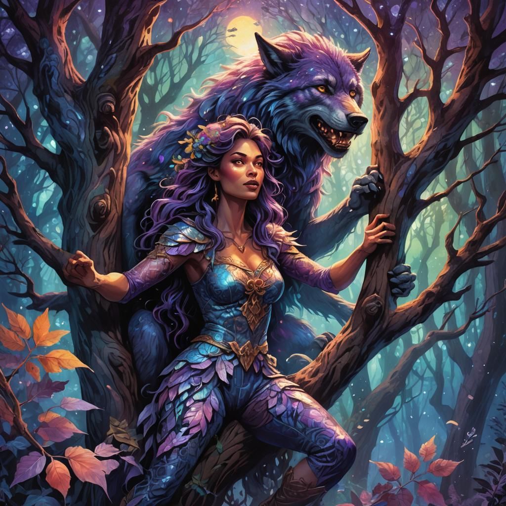 werewolf woman climbing a tree in a forest with wild animals