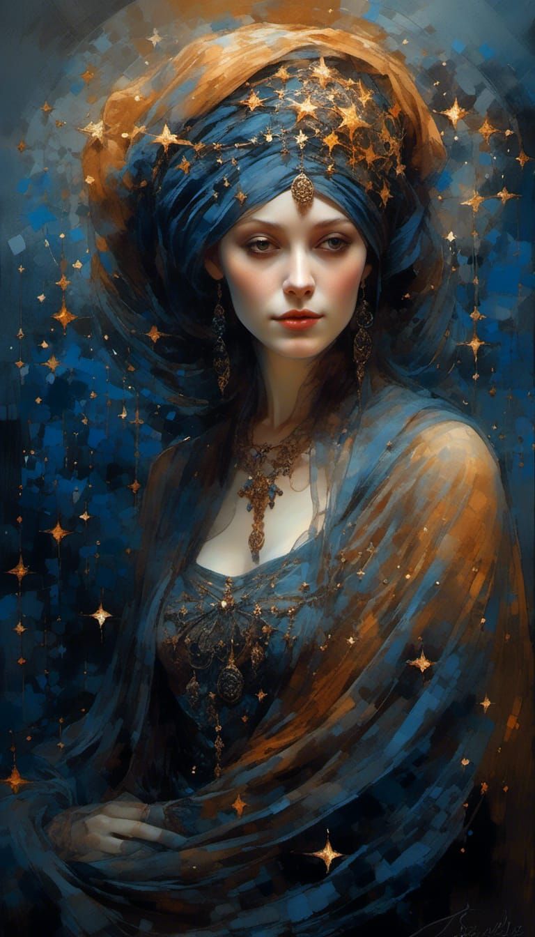 Woman in Starry Headscarf: Hyperrealistic Fantasy Portrait