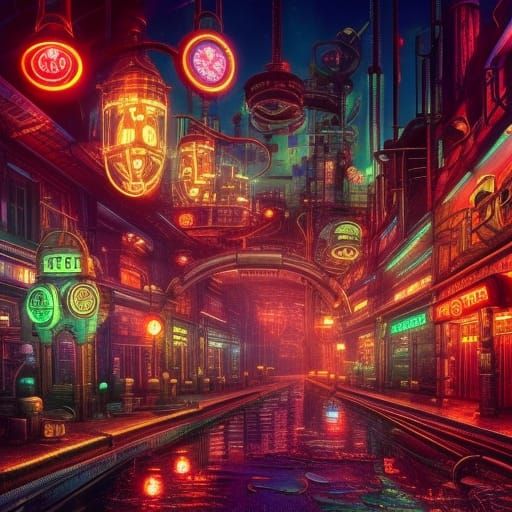 Neon-Lit Steampunk Cityscape