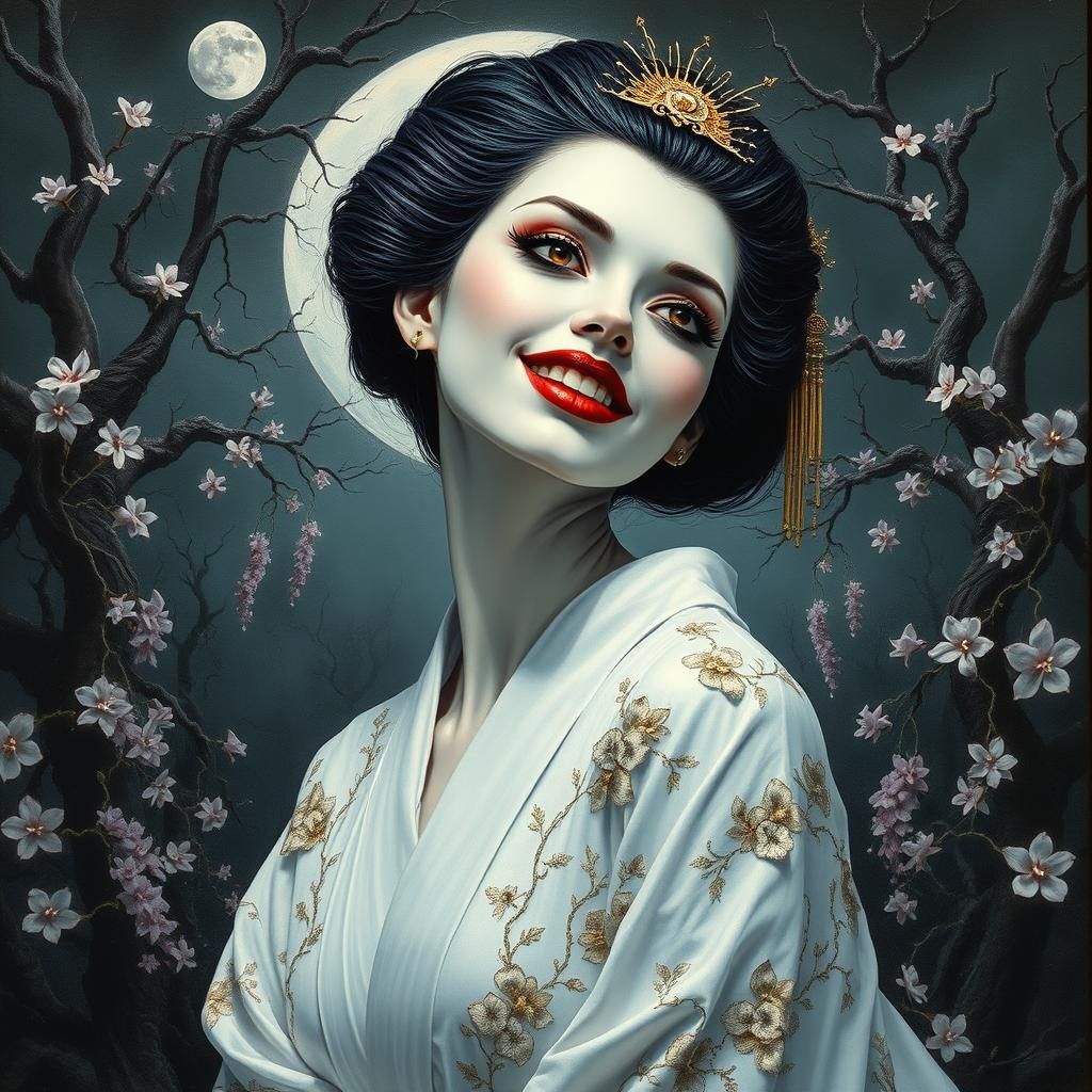 Gothic Horror Geisha in Hyperrealistic Alcohol Ink Style