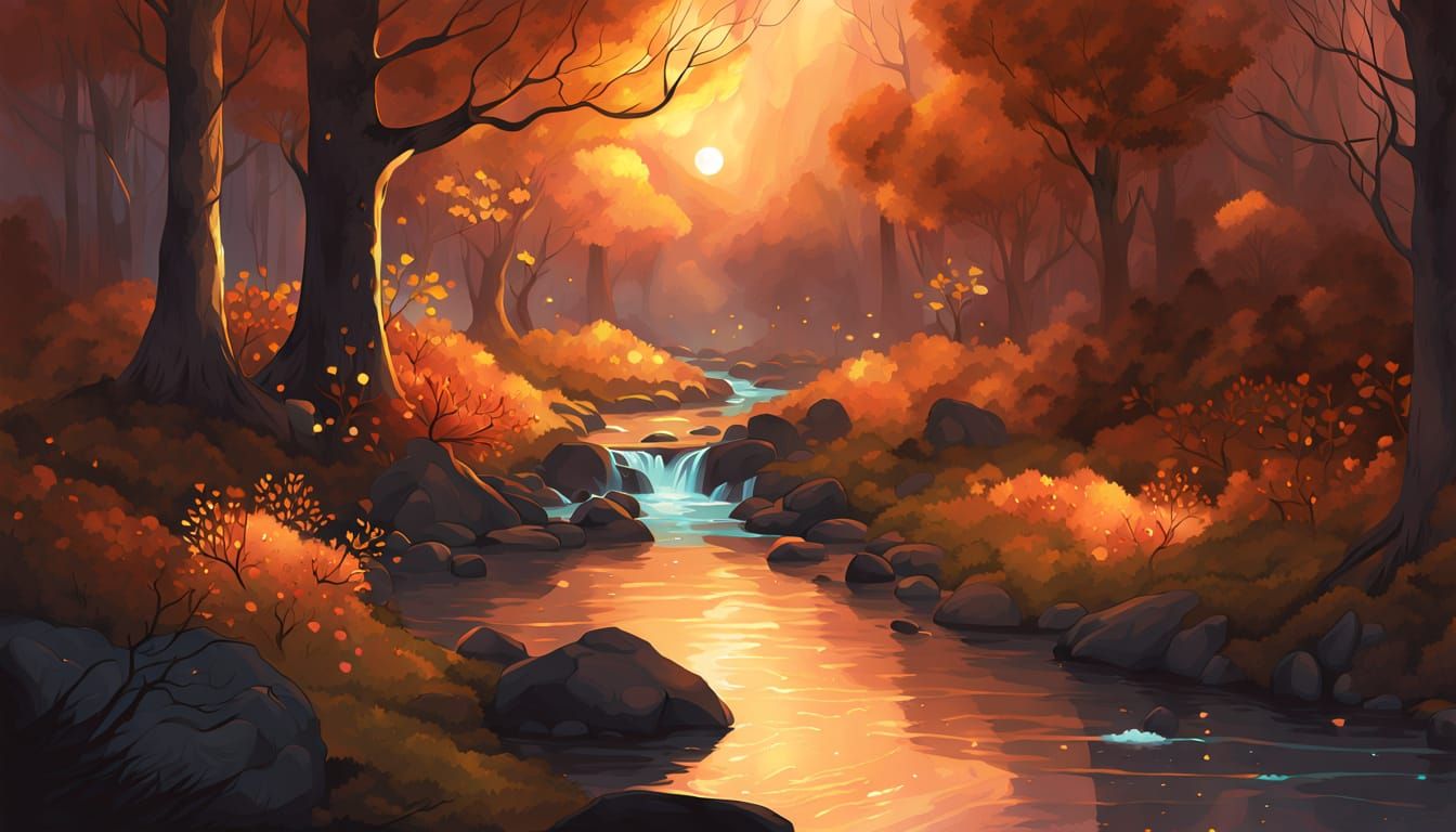 Ethereal Autumn Night Forest with Luminous Stream