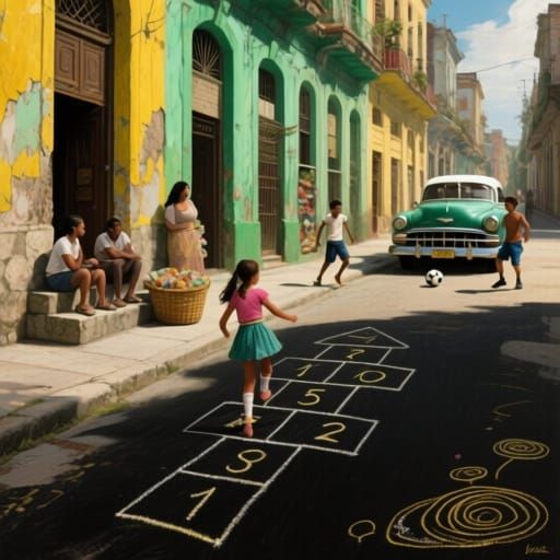 Colorful Havana Street Scene with Children Playing