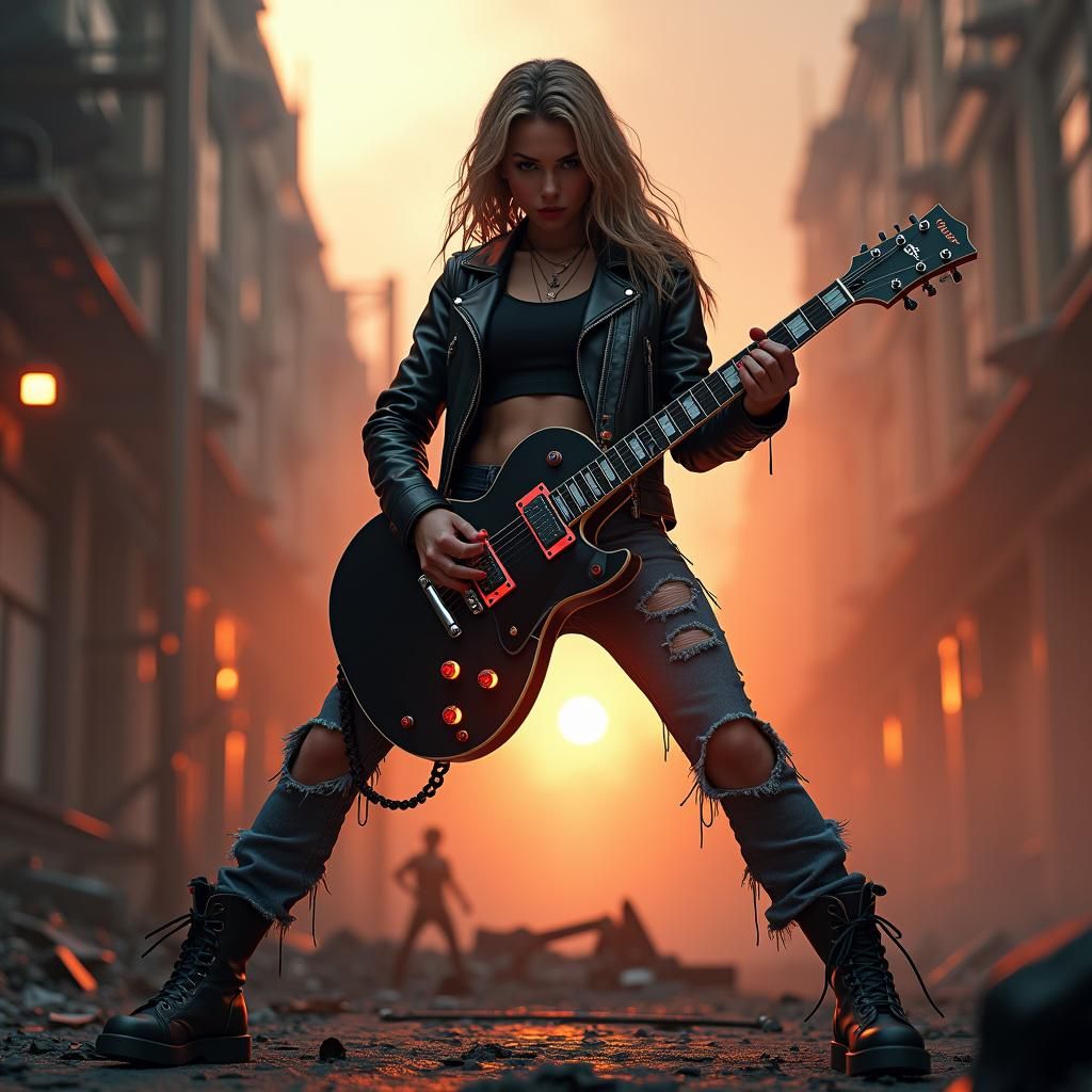 Electric Guitarist in Battlefield: 3D Anime Art
