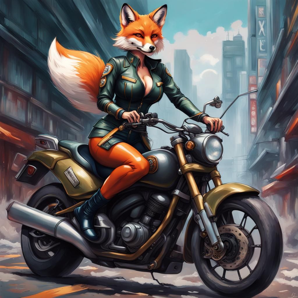 Fox Woman on Motorcycle in Skintight Latex, Hyperrealistic
