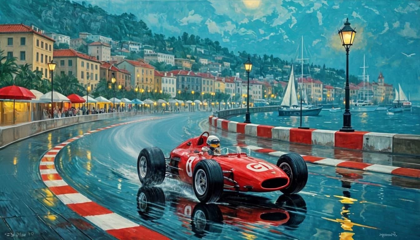 1960s Monaco Grand Prix Ferrari in Heavy Rain
