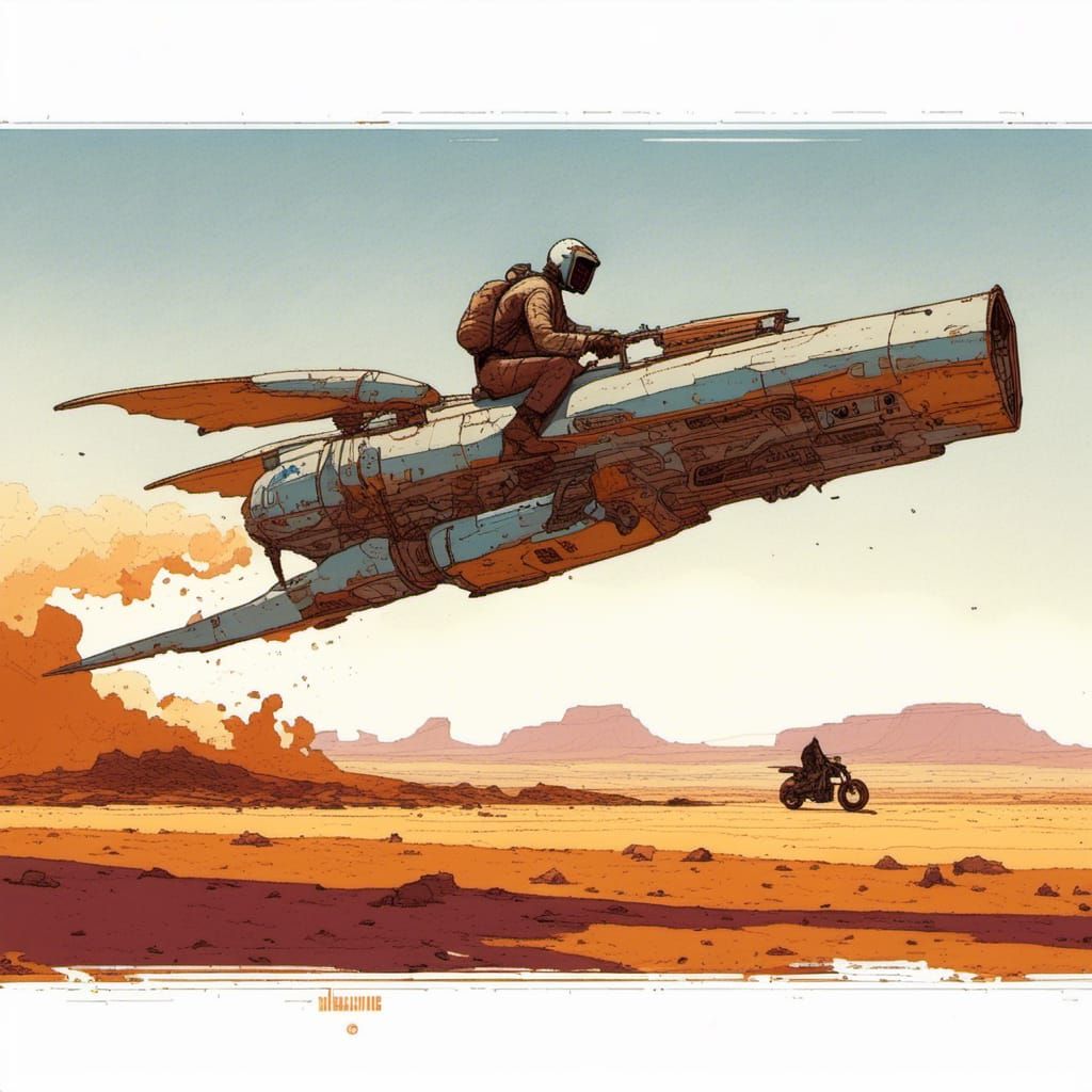Moebius-Style Hoverbike Races Across Desert
