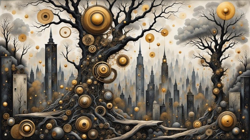 Surreal Urban Forest Unfolds with Mechanical Gears