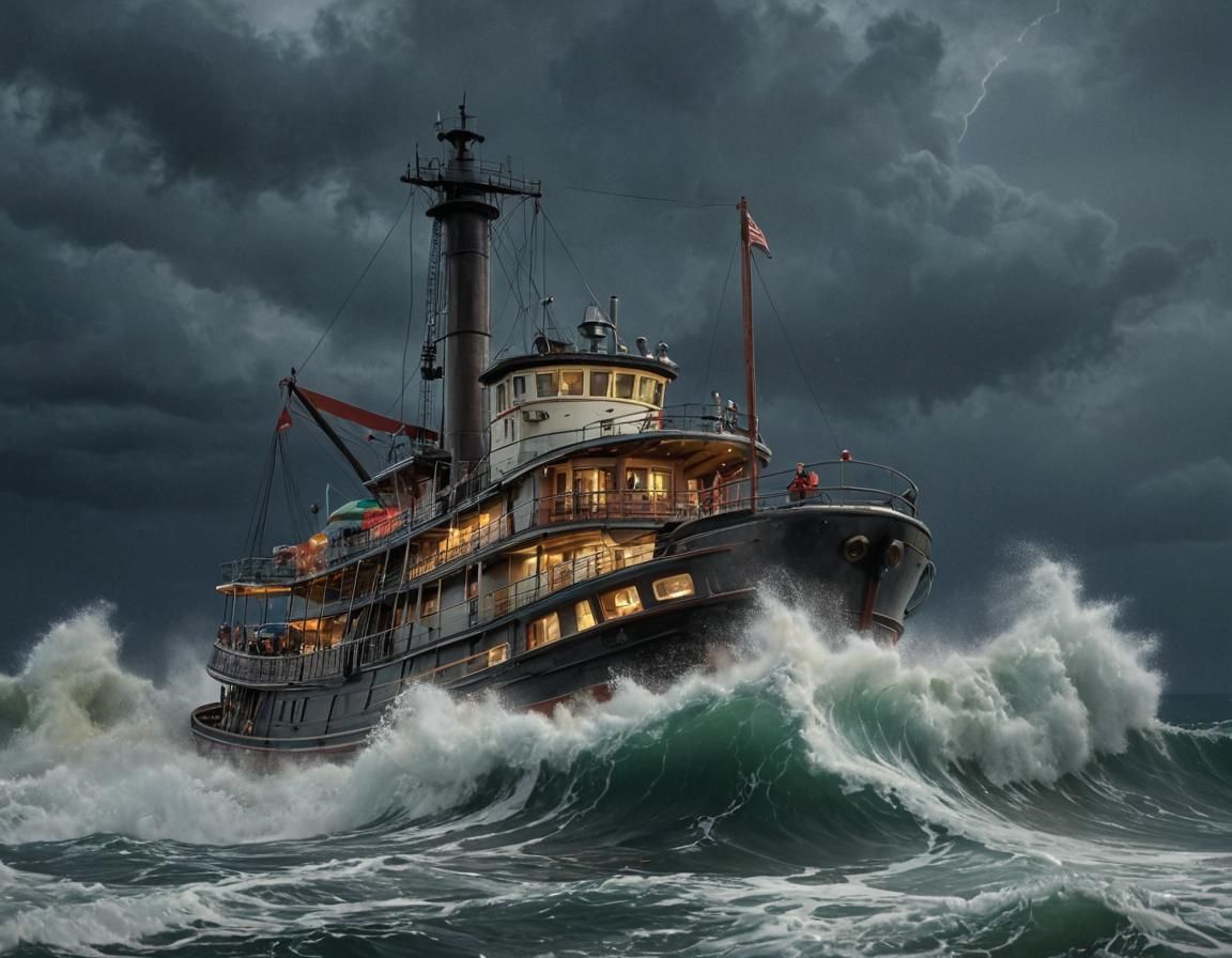 Hyperrealistic Steamboat in Night Storm Splash Art