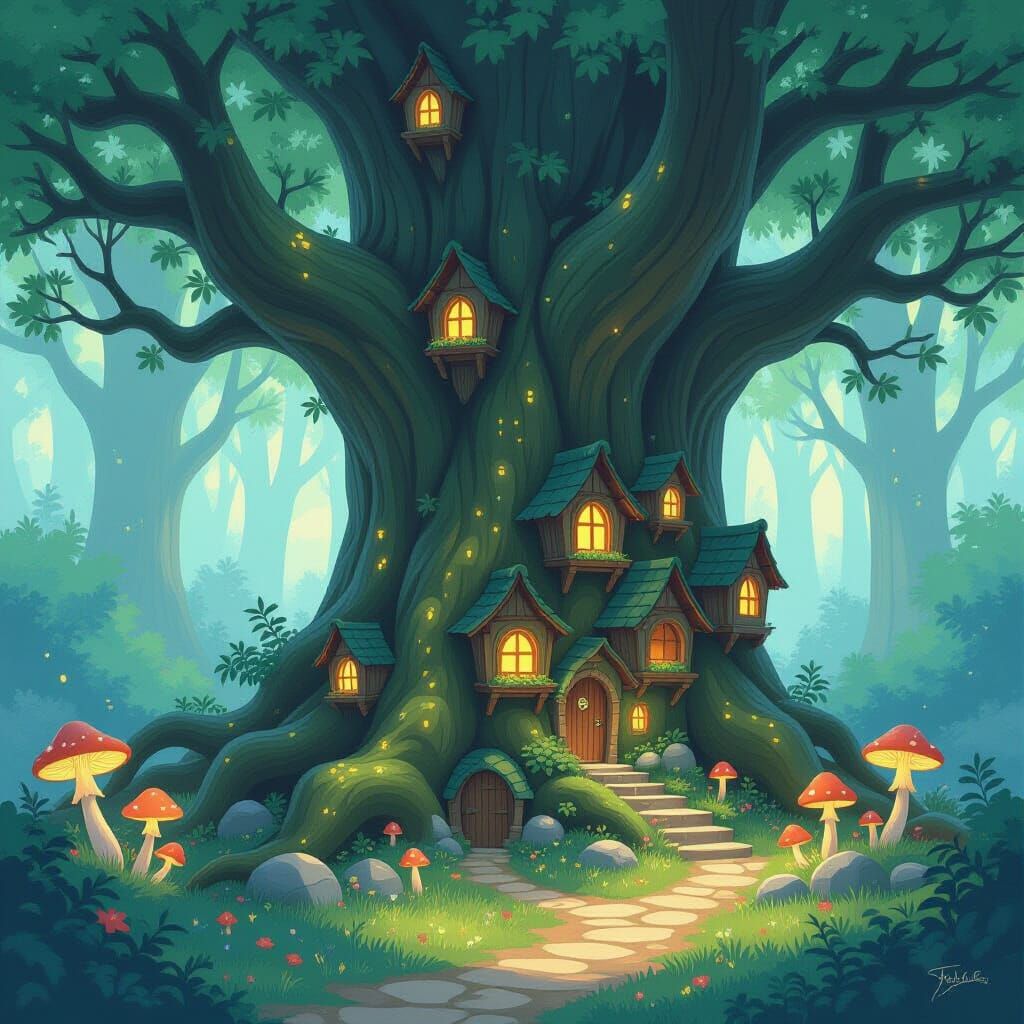 Whimsical Village Inside Ancient Tree in Painterly Style