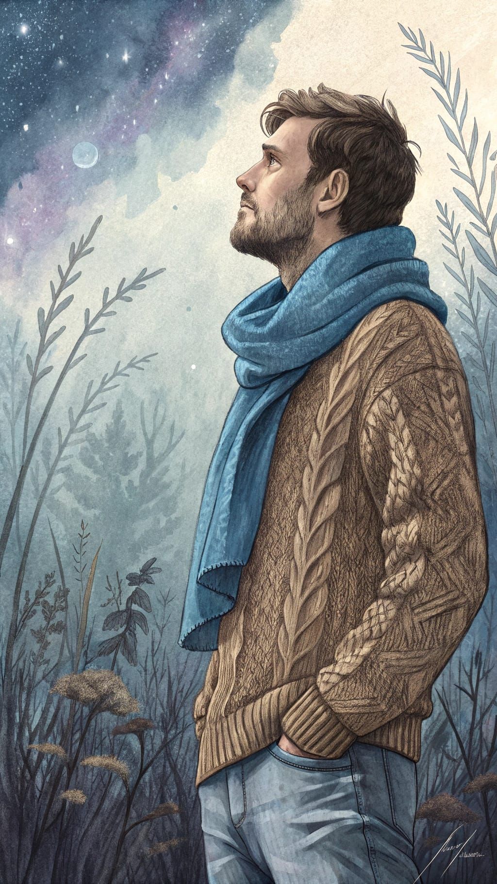 Man in Earth-Toned Sweater with Vibrant Blue Scarf, Fantasy ...