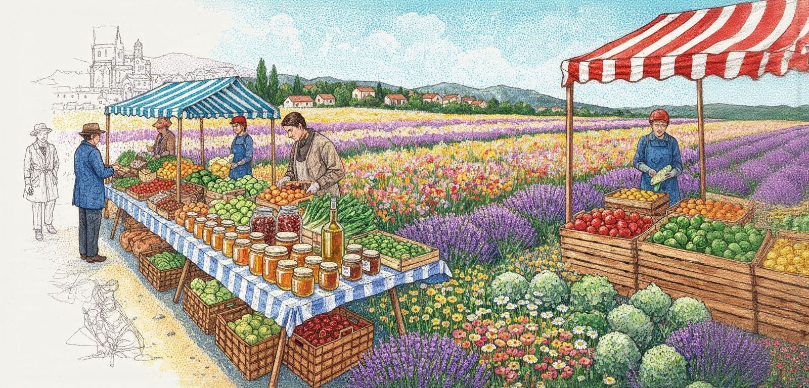 Vibrant Farmers Market in Pointillist Style