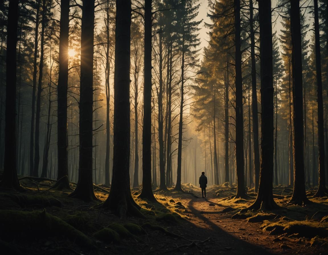 Lone Figure in Dark Forest with Golden Light
