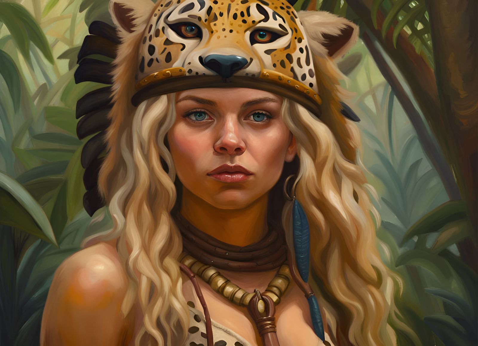Fantasy Warrior with Jaguar Headdress in Jungle