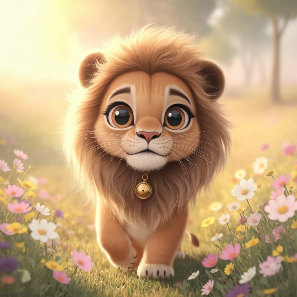Whimsical Lion in a Field of Wildflowers, Soft Pastel Illust...