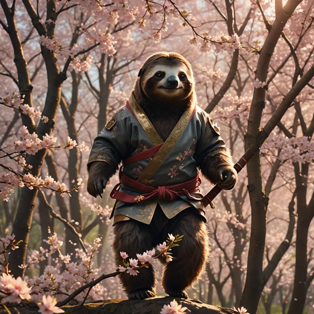 Samurai Sloth in Cherry Blossom Forest: Cinematic Film