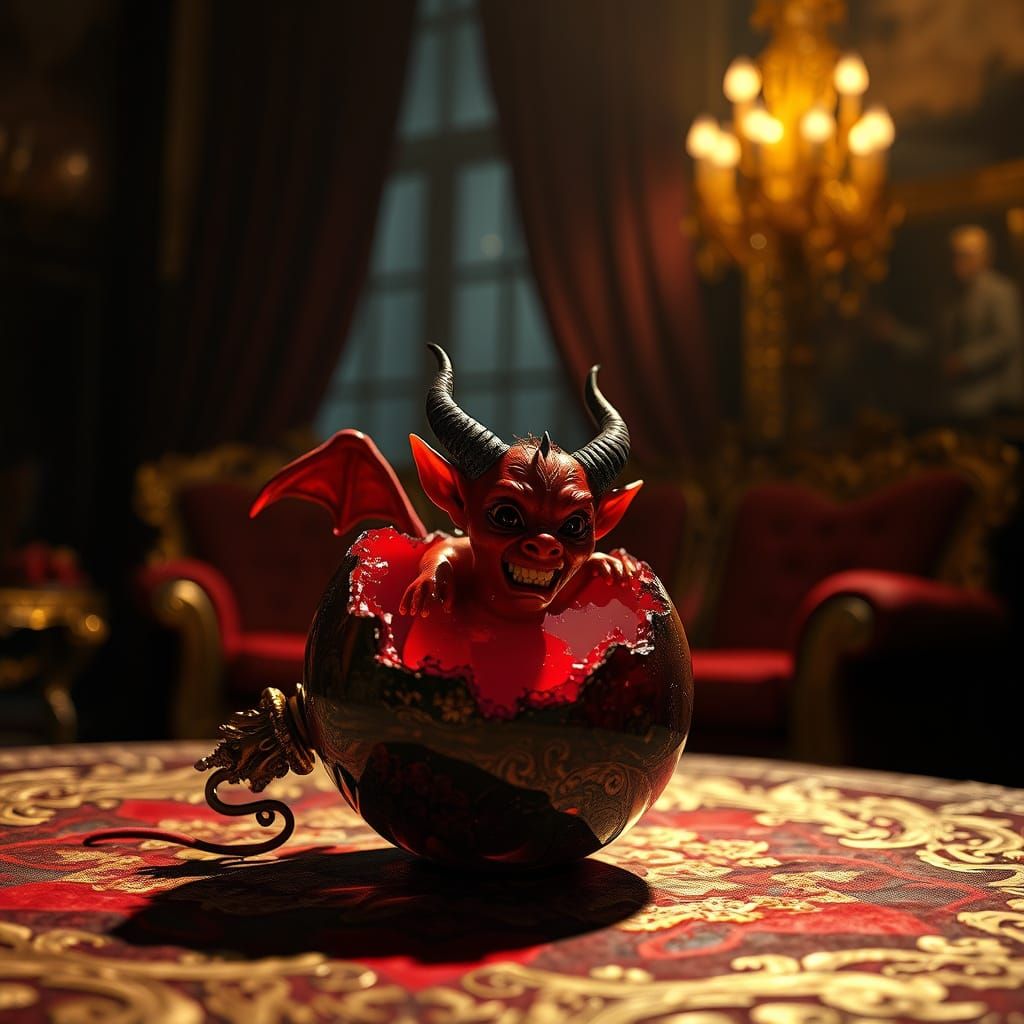 Red Devil Emerges from Shattered Glass Bauble