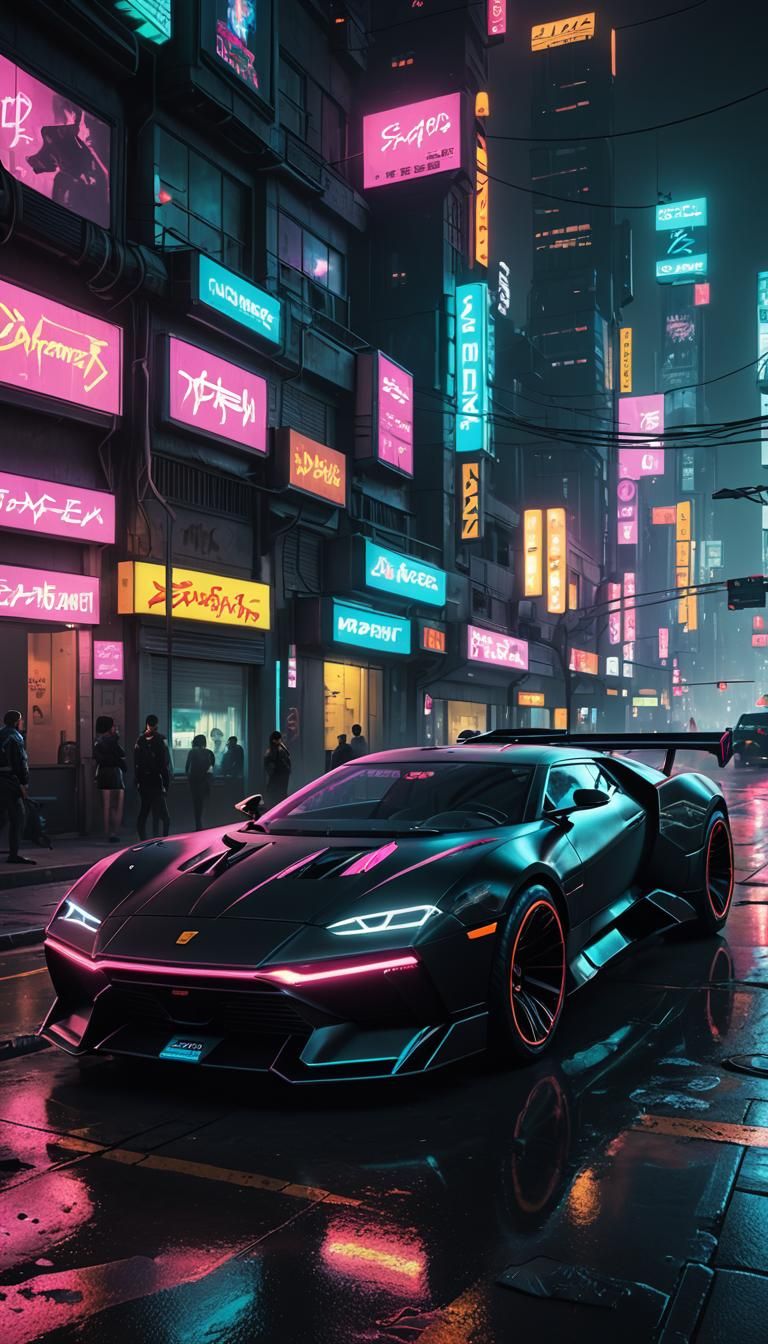 Black Luxury Car in Cyberpunk Neon Cityscape