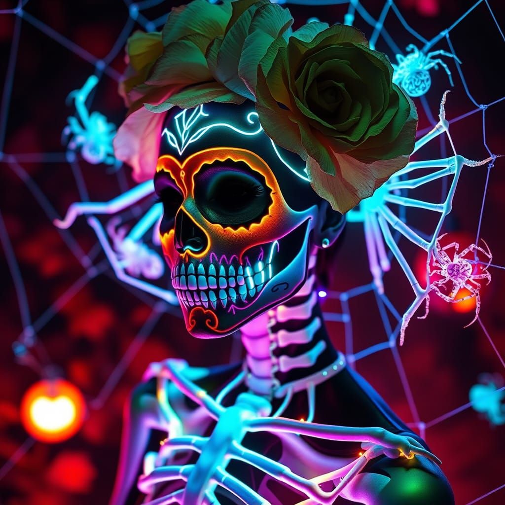 Fluorescent Catrina with Sugar Skull Skeletons
