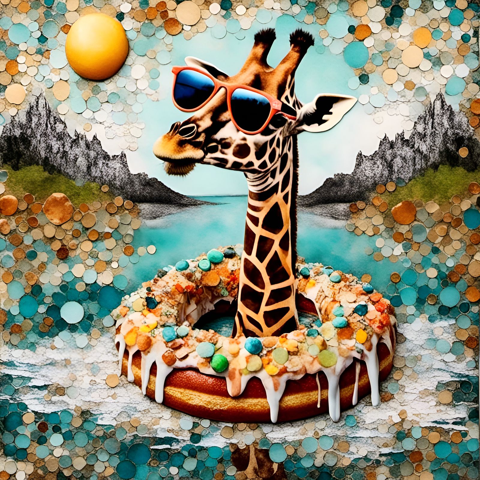 Giraffe in Donut Float: Whimsical Collage Art