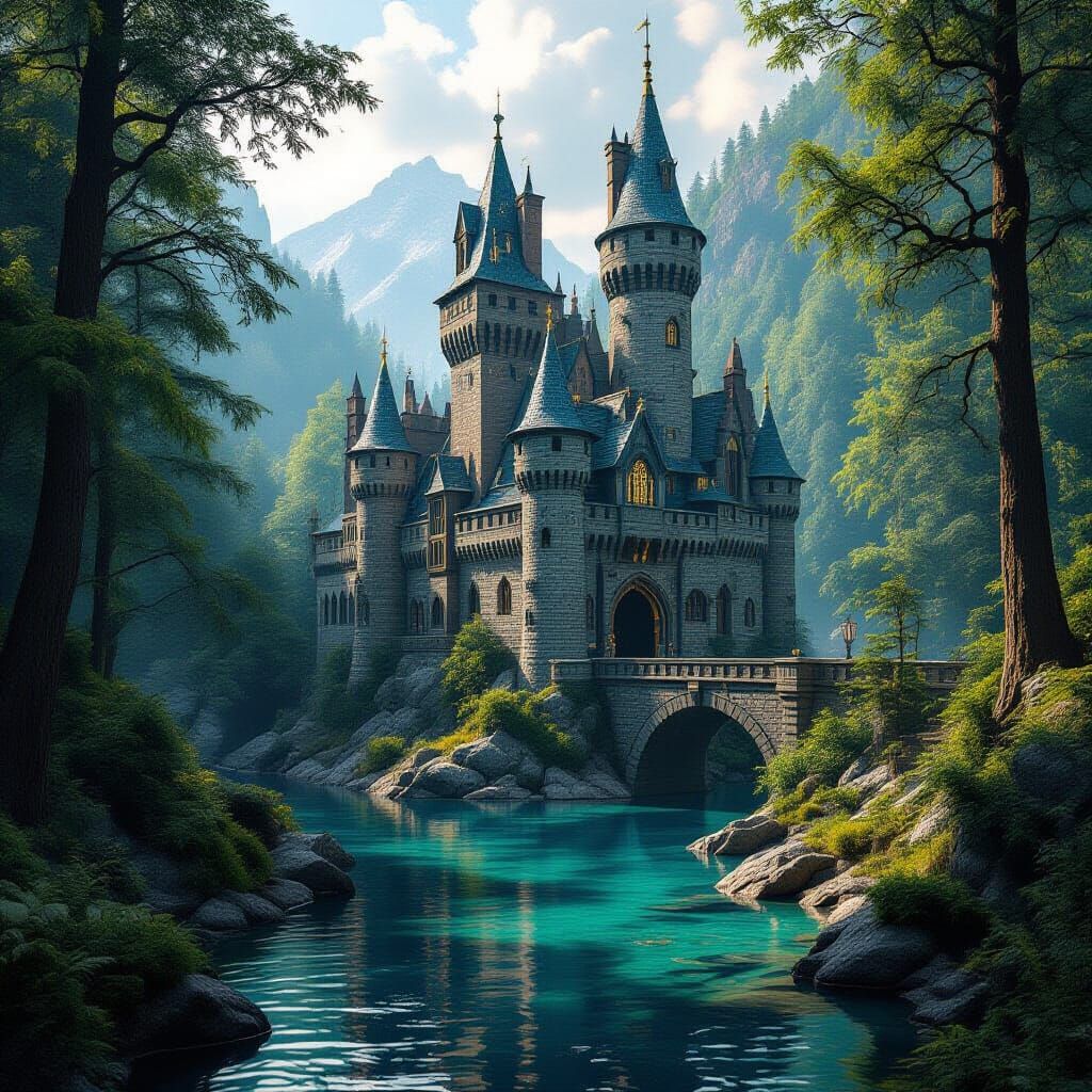 Enchanted Medieval Castle by River in Fantasy Forest