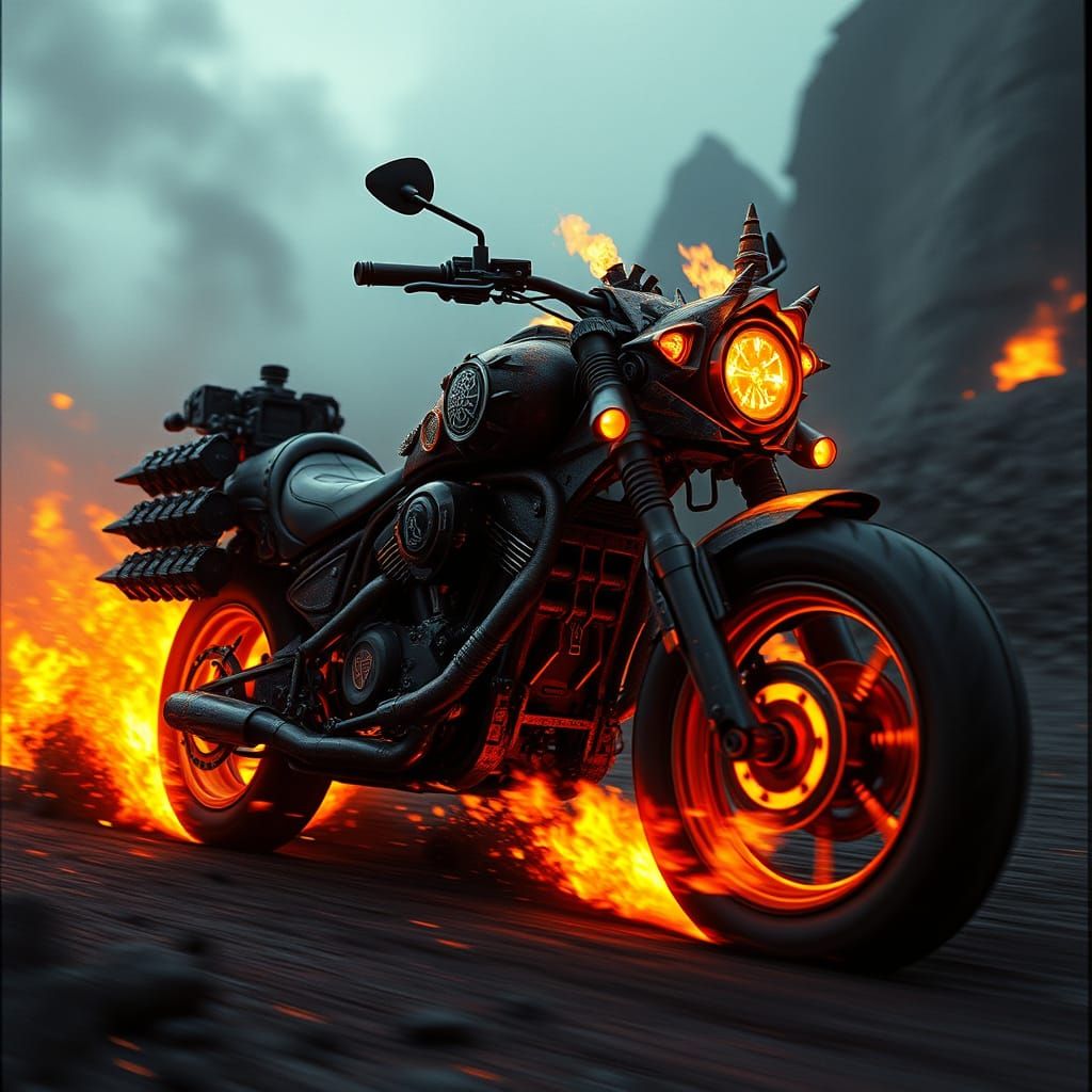 Infernal Motorcycle Speeds Across Hellish Landscapes in Dark...