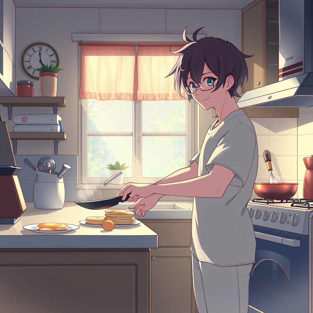 Cozy Morning Scene with Pancakes and Anime Characters
