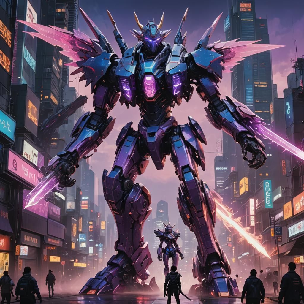 Iridescent Mecha Battle in Cyberpunk Cityscape