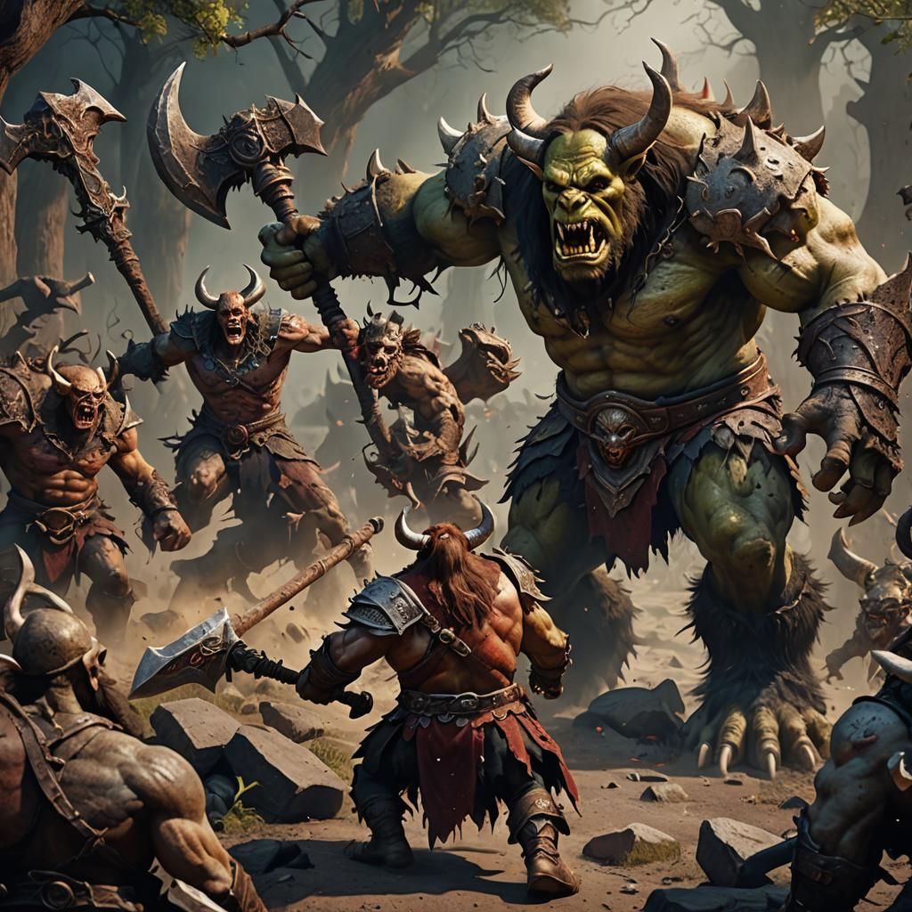 Demonic Ogre vs Undead Minotaur in Fantasy Art
