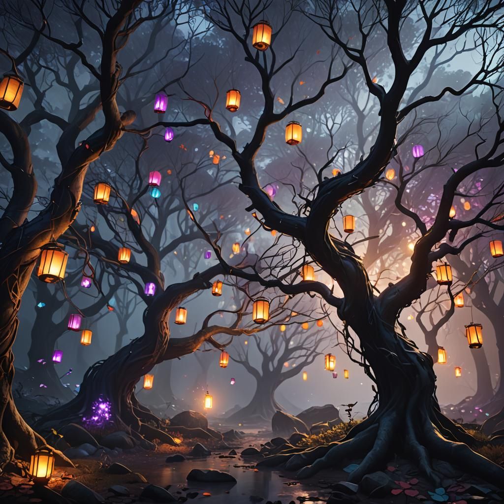 Enchanted Forest with Floating Lanterns: Fantasy Art