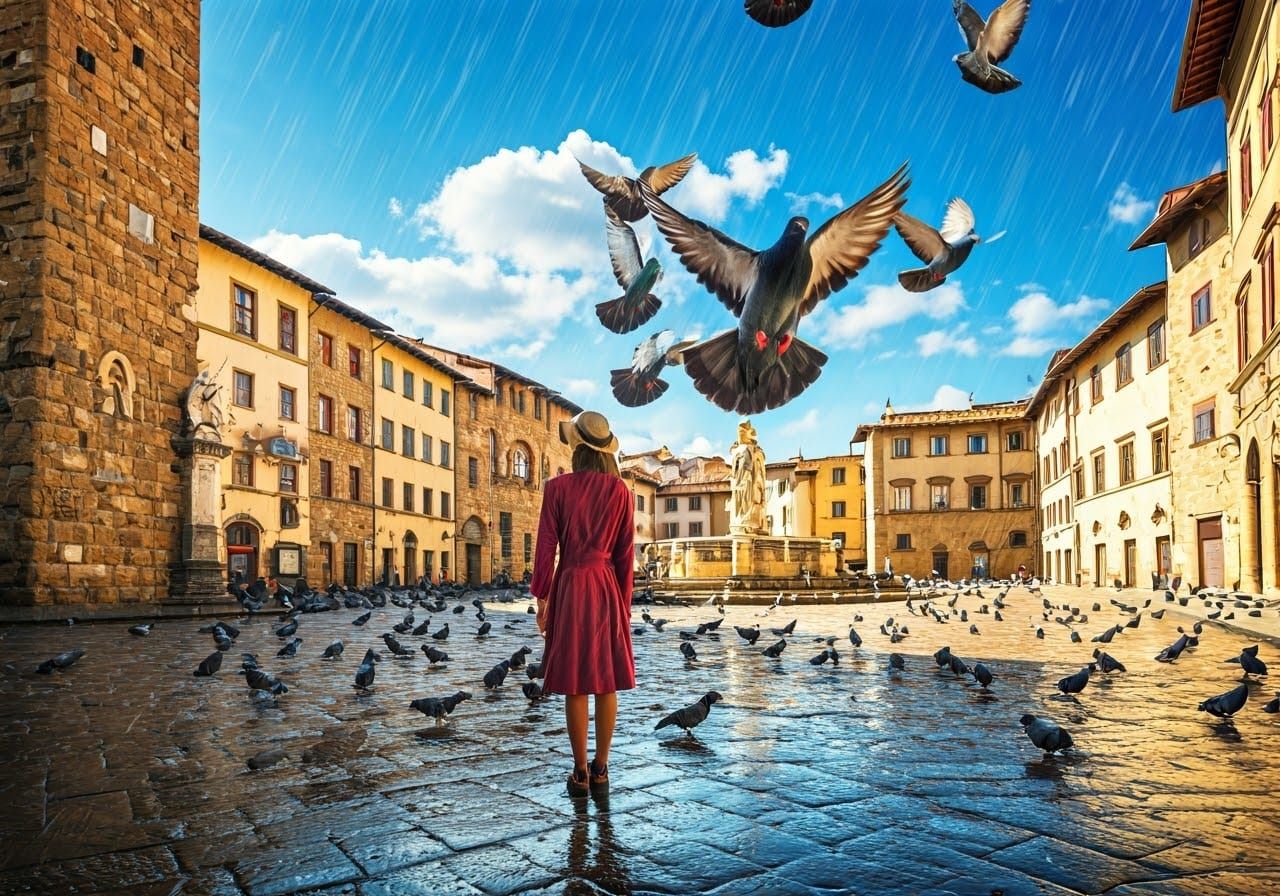 Florentine Piazza Scene after Rain, Impressionist Style