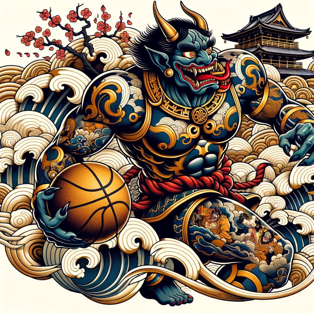 Irezumi Oni Tattoo Design with Basketball and Cherry Blossom...