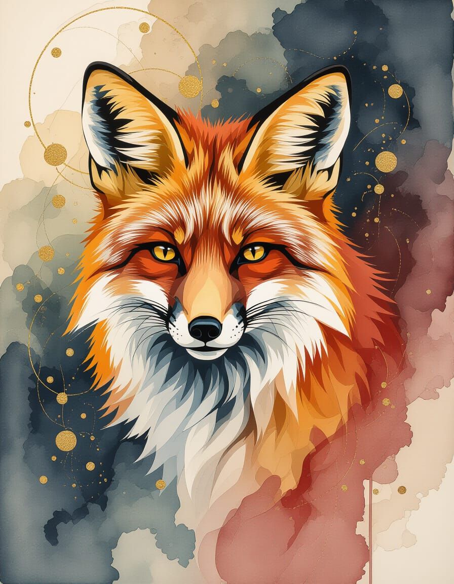 Explorer Fox in Abstract Alcohol Ink Sketch Style