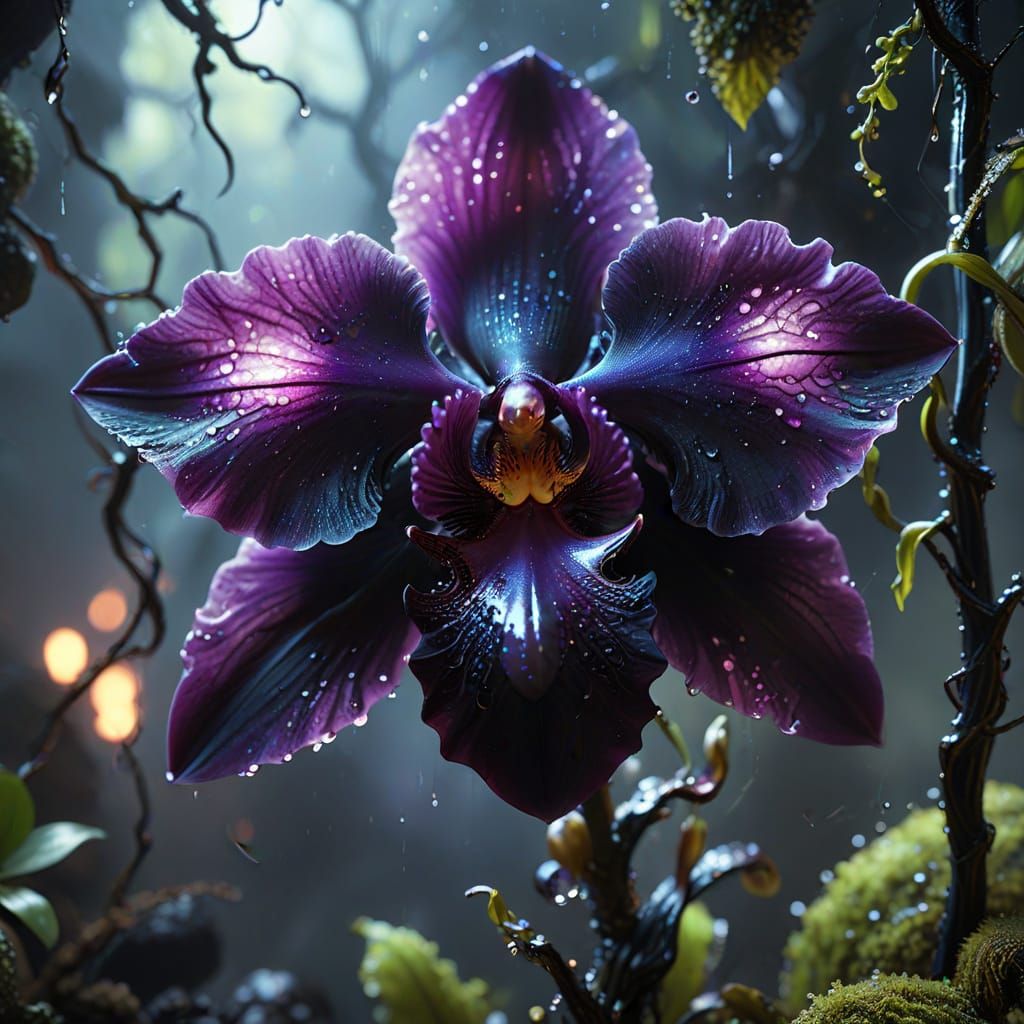 Glowing Black Orchid Macro Concept Art