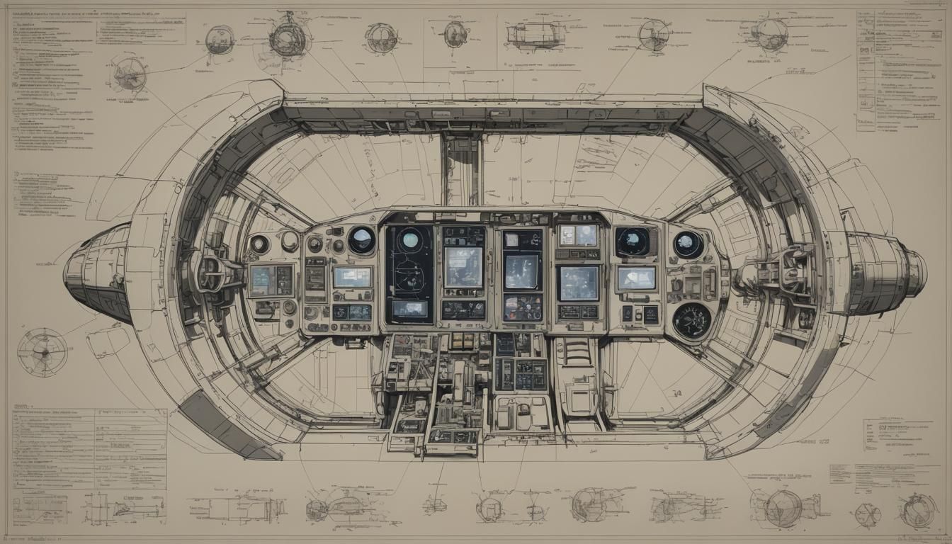 engineering drawing: industrial spacecraft, cockpit, berthin...