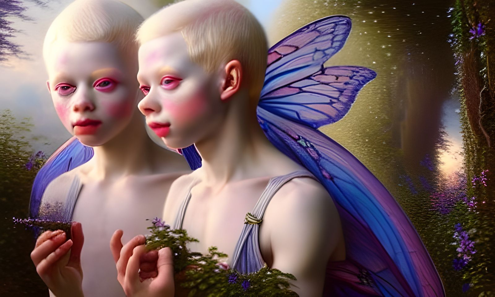 Radiant Albino Youths in a Hyperrealistic Fairy Scene