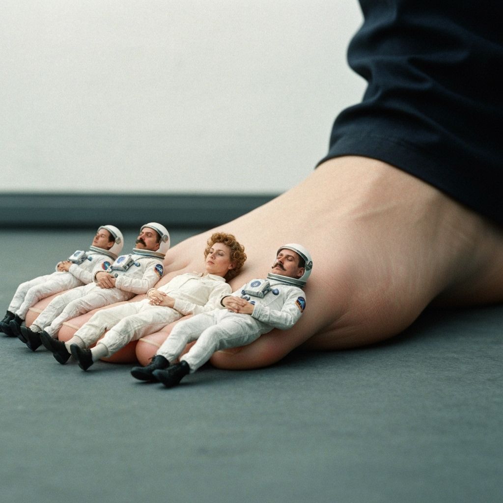 Surreal Astronauts Under a Giant Foot in Vintage Style