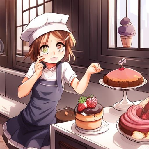 Anime Cat in Dessert-Filled Bakery