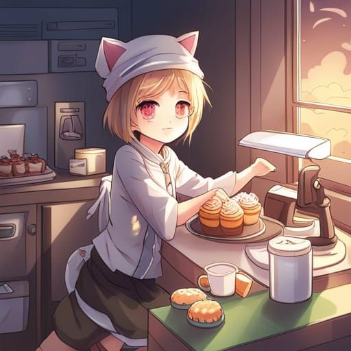 Anime Cat Surrounded by Desserts