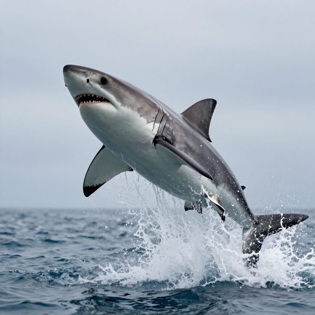 Great White Shark Leaping from Water in Dynamic Splash