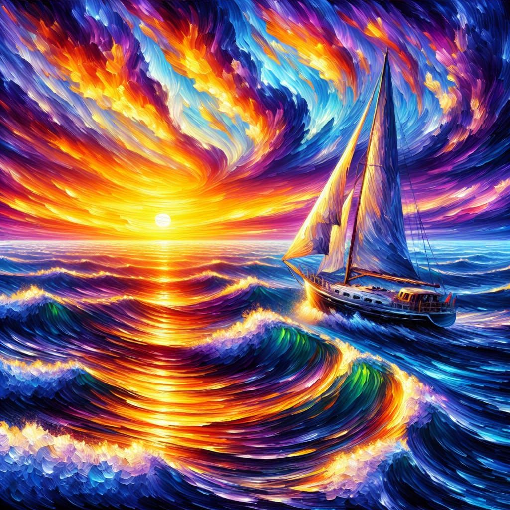 Sailboat at Sunset, Oil Painting Style
