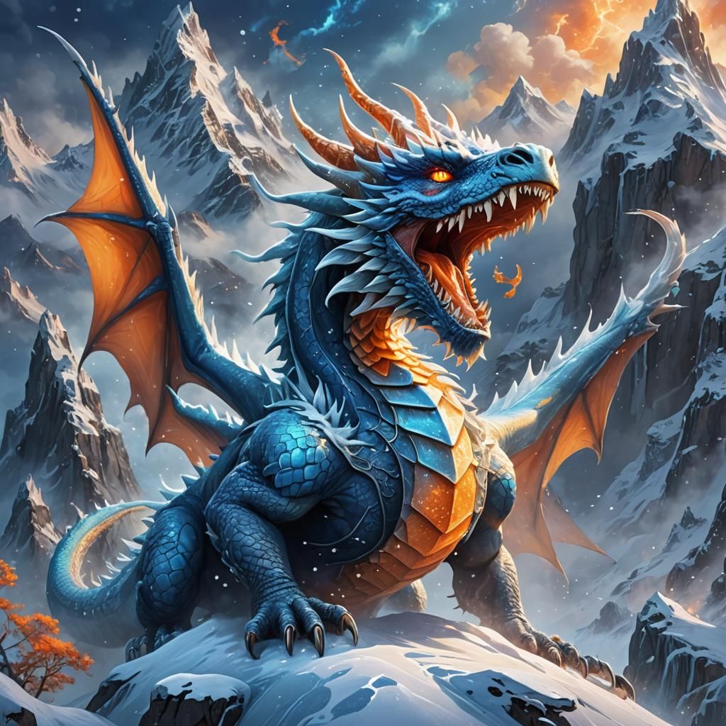 Majestic Snow Dragon Bursts Forth in Cartoon Art