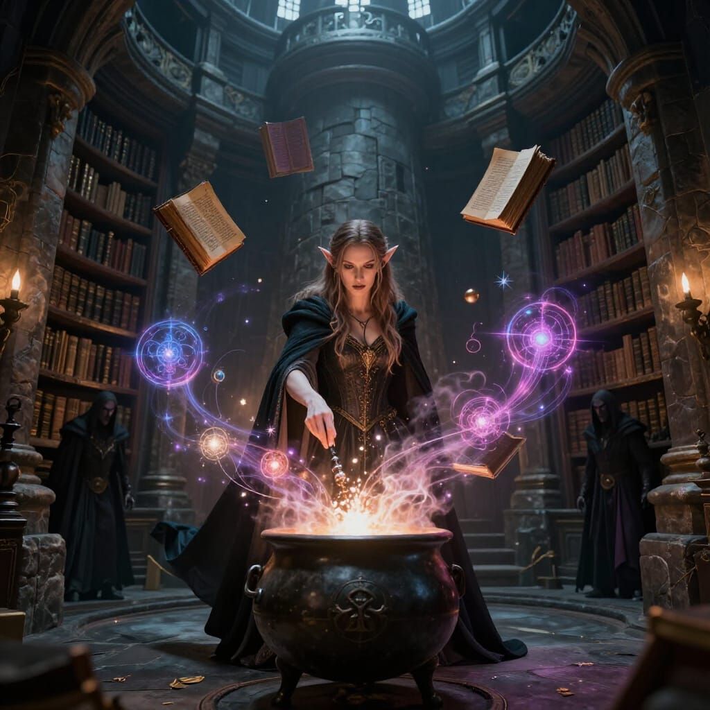 Elf Sorceress in Stone Tower Conjuring Magic