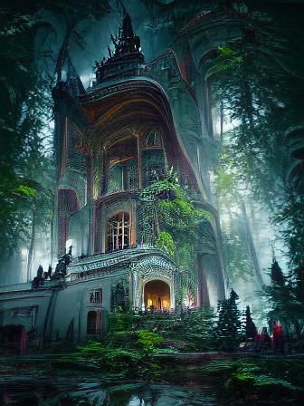 Palace in Forest: Holographic Astral Illustration