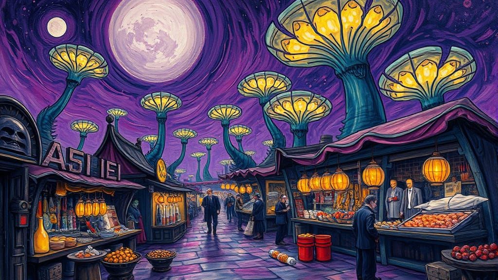 Bustling Alien Marketplace in Neo-Impressionist Style
