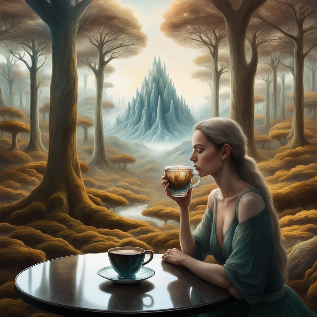 a glass cup of fantasy forest landscape at day