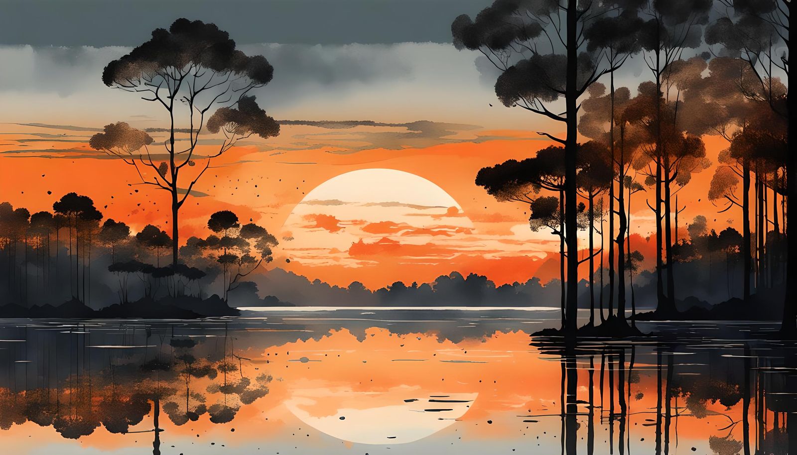 Sunset Lake Reflected in Eucalyptus Forest: Watercolour Rend...